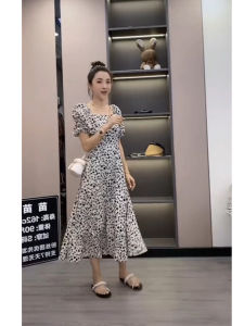 Summer Floral Print Womens Dress Square Collar Bubble Sleeve High Waist A-Line Long Dress Korean Style Commute Print Element