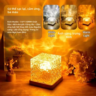Đèn Ngủ Máy Chiếu Gợn Sóng Nước Xoay Động 3/16 Màu Sắc Đèn Pha Lê Ngọn Lửa Pin Sạc Đi Kèm Cho Phòng Khách Phòng Học Phòng Ngủ