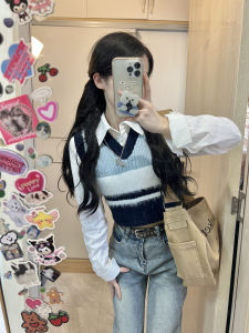 Preppy Style Stripes Contrast Color Knitting Vest Womens Fall and Winter American Retro V-neck Silm Short Sleeveless Vest Tops