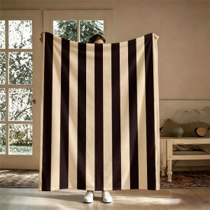 BILIBILI | Brown Stripes Beige Flannel Blanket Perfect for Sofa Office Bed Travel Sleep Read Relax Camping Four Season Use