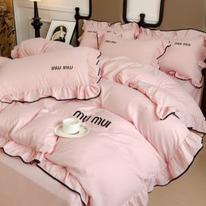 Princess Style Pure Color Washed Cotton Edged Bedding Set Single/Duo Person Coverlet Sheet Bed Skirt Three Piece Set