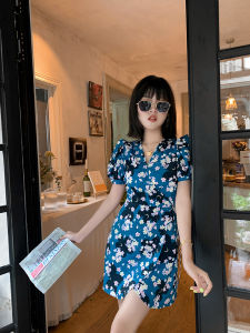 Đầm Ngắn Dây Hoa Pháp Retro Tay Bồng Nâng Đỡ Vòng Eo