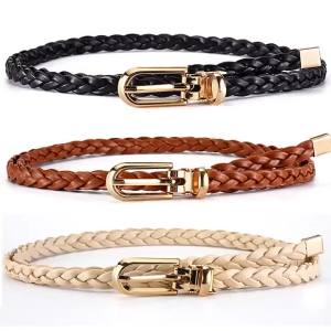 0.8x110cm PU Leather Braided Thin Belt For Women Dress Shirt Pants Decorative Girdles Strap Gold Pin Buckle Female Waistband