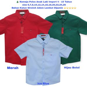 Kemeja Polos Anak Laki-Laki Stretch 4-15 Tahun Lengan Pendek Remaja Merah Hijau Biru Natal Imlek