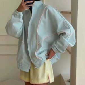 Vintage Fashion 2026 Autumn Sweet Blue Splicing Stand-up Collar Jacket Womens Versatile Long-sleeved Zipper Cardigan Jacket