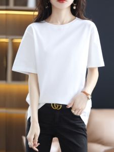 Womens Loose Fit Short Sleeve T-Shirt Pure Cotton Summer Casual Top Shoulder Width Standard Classic Color White round Neck