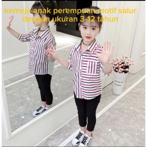 Kemeja Anak Perempuan Lengan Panjang Motif Salur 3-12 Tahun