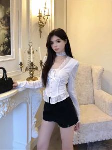 Large Size French Pure Desire Lace Base Shirt Women Early Autumn plus Size High Waist Slimming Top Half Skirt Set