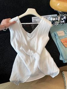 Áo Dây V-neck Mỏng Màu Trắng Elegent Mới Hè Knot Slim Mặc Ngoài Trời