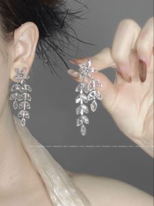 Chic Long Tassel Earrings Womens Flower Design Zirconia Cold Tone Leaf Drop Ear Jewelry Fashionable Accessory