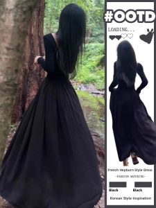 YUEZHONGWEI | French Hepburn Style Long Sleeve Black Dress for Enhancing Elegance