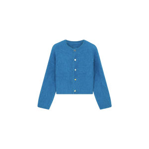 เสื้อคาร์ดิแกนถักสีน้ำเงิน Klein สำหรับผู้หญิง ฤดูใบไม้ร่วง/ฤดูหนาว สไตล์เกาหลี อบอุ่น แขนสั้น เสื้อคลุมกันหนาว ขนาดเล็ก เสื้อคลุมกันหนาว