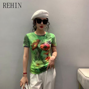 เสื้อตาข่ายผู้หญิง REHIN ใหม่ ผ่าตัดแฟชั่นใหม่ เสื้อยืดแขนดอกไม้พิมพ์สั้นคอกลมเข้ารูปเสื้อตามเทรนด์หรูหรา S-3XL