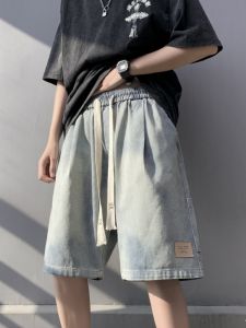 Retro Washed Mens Denim Shorts Casual High Street Style mid Waist Loose Fit Summer Fashion Brand Straight Leg Five-Quarter Pants