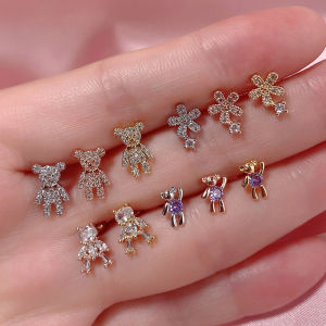 1Piece Fashion Sweet Crystal Flower Small Bear Stud Earrings Women Cute Animal Piercing Earring For Teen Girls Accessories Gift