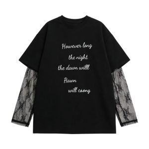 Large Size Slimming Lace Stitched Illusion Two-piece Long Sleeve T-shirt Black