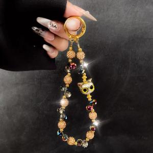 Luxury Customizable Cat Diamond Embedded round Ball Crystal Bead Chain Fashion Cartoon Cat Head Short Colorful Lanyard