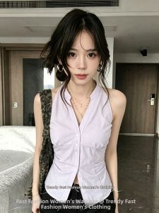 Stripe Halter Neck Sleeveless Pleated Waist Design Short Shirt
