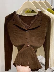 LUOSHAO | French Lace V-neck Peter Pan Collar Slim Sweater