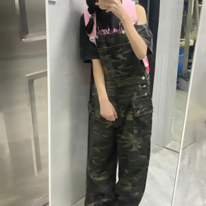 Camouflage Workwear Denim Suspenders Womens Summer New Arrival Fried Street Loose Slimming and Straight Casual Wide Leg One-Piece Pants