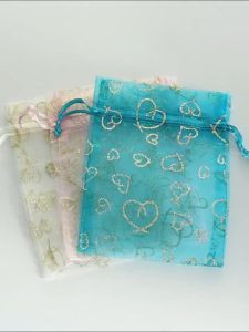 5pcs 10x14cm Drawstring Organza Bags Golden Heart Printed Jewelry Bag Christmas Wedding Party Candy Gift Packaging Bags Pouches