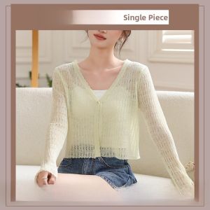 Miiow | Yellow Ice Silk Knitted Sun Protection Open Cardigan Womens Summer Air Conditioning Shawl Jacket Thin Cover Up Top