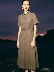 AMII | Mountains Style Turn-down Collar Half-buttoned Elastic Waist Short Sleeve Dress