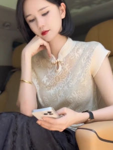 chaqi | Áo thun dệt kim tay ngắn cổ truyền Trung Quốc mới Áo thun nữ mùa hè phong cách mới Áo thun cổ đứng thêu hoa thoáng khí