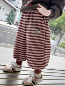 Girls Winter Fleece Lined Loose Fit Sweatpants Cartoon Striped Outerwear Trousers High Waist Long Pants Fashionable Kids Clothes