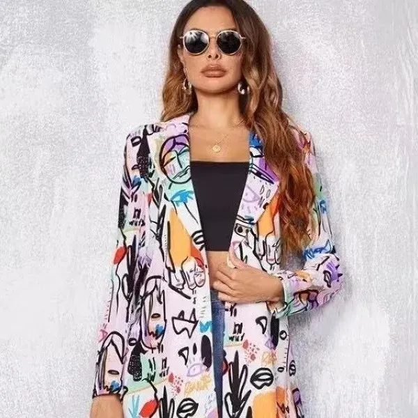 Amazon 2024 Fashionable Printed Casual Suit Jacket Medium-Length Women's Clothing Loose Fit From China Trendy Style