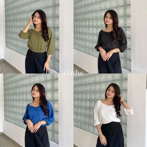Baju Blouse Kerut Wanita Atasan Lengan Panjang Lady Crush Crinkle Anti Lecek Korean Style Kekinian Terbaru Ootd Wendy Top by Clashe