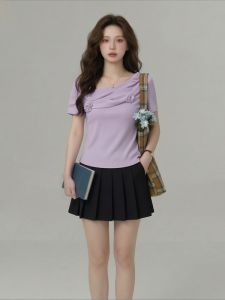 AIYITI | Floral Purple V-neck Fitted T-shirt