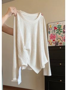 Womens Long Sleeve T-Shirt Knot Twist Shoulder Bottom Hem Open Split Regular Fit Autumn Winter plus Size Conceal Belly Slimming Top