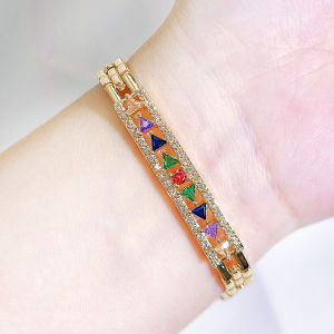SEQUITO Goddess Delicate Wrist Accessories Pave Setting Colorful Triangle Cut AAAAA CZ Zirconia Gold Plated Banquet Party Bracelet Charm B345