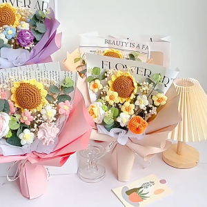 Cute and Funny Sunflower Knitted Crochet Toy Bouquet Doll Flower For Wedding House Warming Graduation Gift