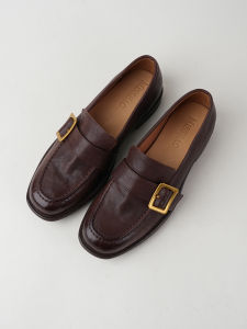 Womens Retro Belt Buckle Slip-On Loafers round Toe mid Heel Rubber Outsole Leather Lined Fashion Single Shoes for Spring Autumn