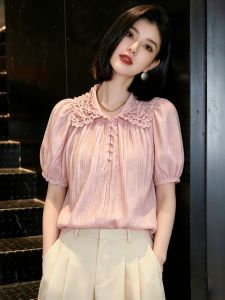 SHUAIYUE | Áo Blouse Tay Ngắn Phù Hiệu Hoa Văn Ren Mới Về Hợp Mùa Hè Ôm Dáng Màu Hồng