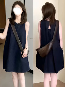 Fashionable Backless Pleated Denim Dress Korean Style Summer New Arrival Womens Dress Ageless Vintage Skater Dress