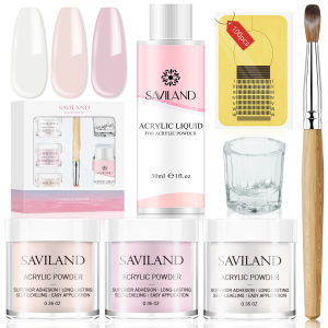 Saviland Acrylic Nail Kit 3 Colors Pink Nude Clear Powder Liquid with Brush Forms Dappen Dish Set for Nail Extensions Manicures