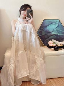 French Gentle Style Off-Shoulder Neckline Summer Beach Travel Dress Womens Maxi Gown Cotton Blend Breathable Fairy Tale Dress