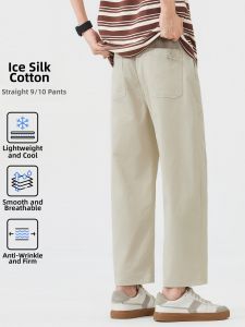 Summer Thin Ice Silk Cotton Straight Fit Nine-Point Mens Casual Pants