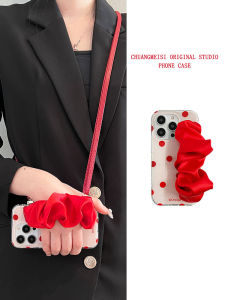 Zhige Red Polka Dot Ruched Wrist Strap for Apple 15pro Phone Case Iphone14promax Minimalist 13promax Niche Style 12pro Womens 11 Drop-Resistant Protective Case 13 Crossbody