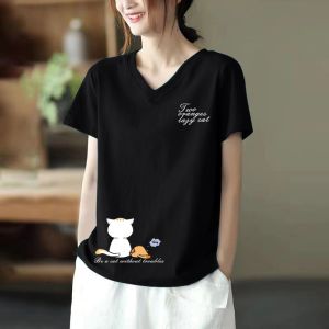 New 2025 Womens Loose Fit Cotton Short Sleeve V-Neck T-Shirt Korean Style Base Layer Shirt Slimming Summer Fashion