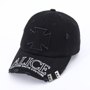 American Distressed Embroidery Cross-Letter ALICE with Steel Patch Holes Baseball Cap Hip-Hop Street Dance Performance