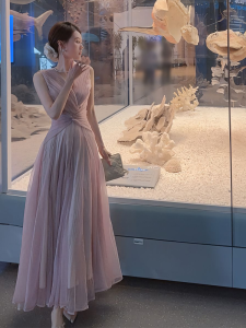 Elegant Pink Chiffon Long Dress High Waist A-Line Skirt Summer Beach Vacation High-End Premium Feel Upper Class Goddess Style