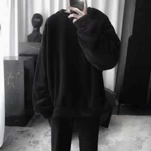 Mens Winter Lamb Velvet Base Layer Sweater Ins Hong Kong Style Trendy American Warm Couple Sports Fleece Lined Hoodie