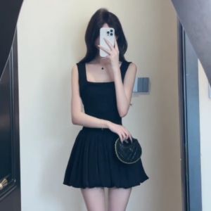 French Elegant Black Strapless Dress Womens Summer Slim Fit Puffy Short Skirt Casual Style Pure Color Waist-Cinching Zipper Back