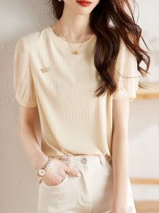 Three-Dimensional Bows Brooch T-shirt Female 2023 Summer New Easiest for Match Texture Short Sleeve Chiffon Patchwork Top