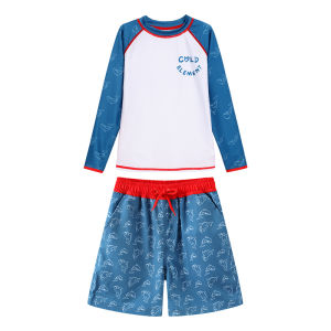 COLDELEMENT | Childrens Swimming Suit Dolphin Stripe Long Sleeve Separate Set Short Pants Womens Sun Protection Ensemble Casual Surf Style