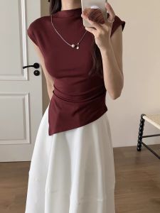 Áo Thun Nữ Tay Ngắn Cổ Đứng Không Đều Thời Trang Mùa Hè Gợi Cảm Thon Gọn Áo Thun Cotton Pha Trộn Thường Ngày Không Có Nút Cài